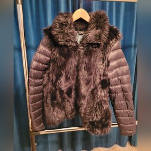 Mix Media Bomber Faux Fur Puffer Coat